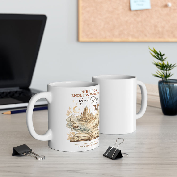 Fantasy Book Lover Mug | One Book Endless Worlds Coffee Mug for Readers - Dogear Dreams