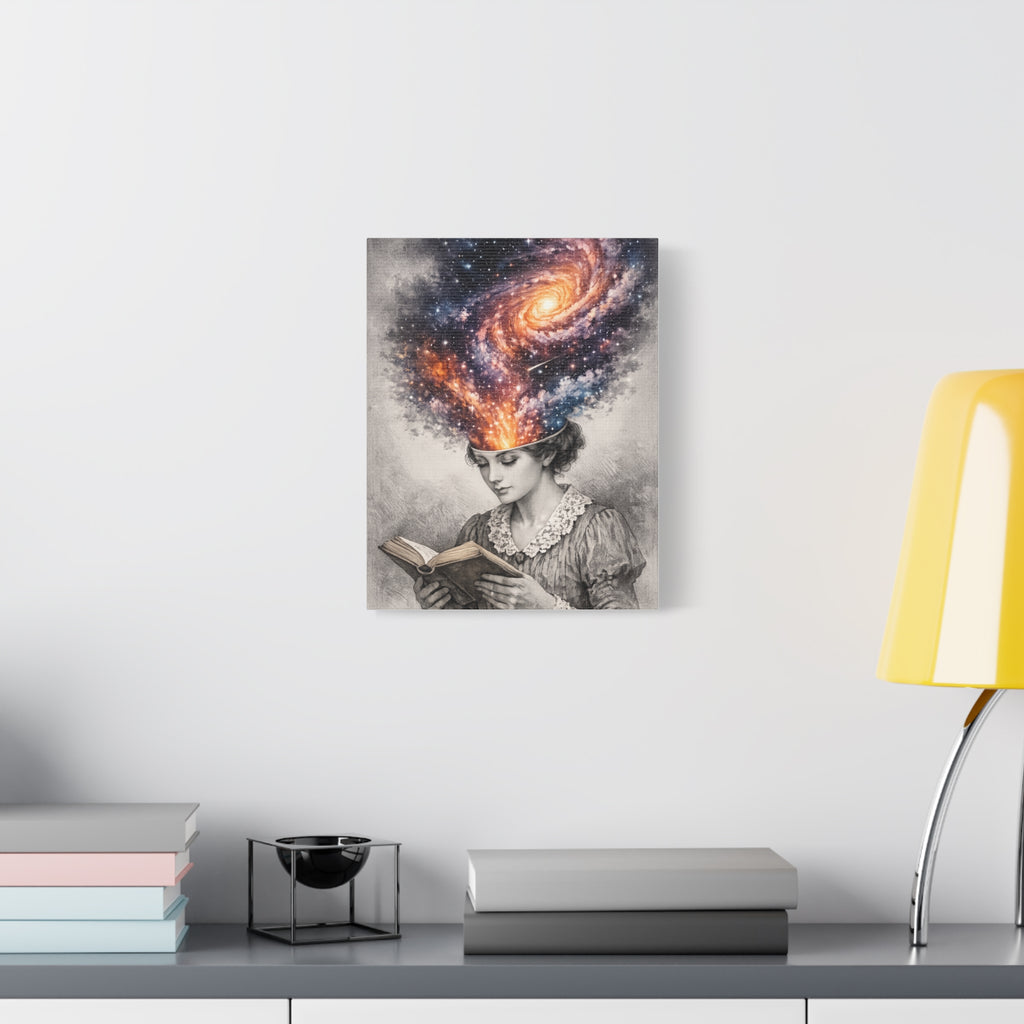 Canvas art of a vintage reader with a glowing galaxy and stars swirling from her mind above an open book.