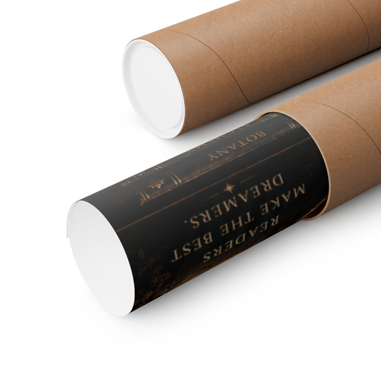Two cylindrical paper tubes, one black with gold text and the other brown, on a white background.