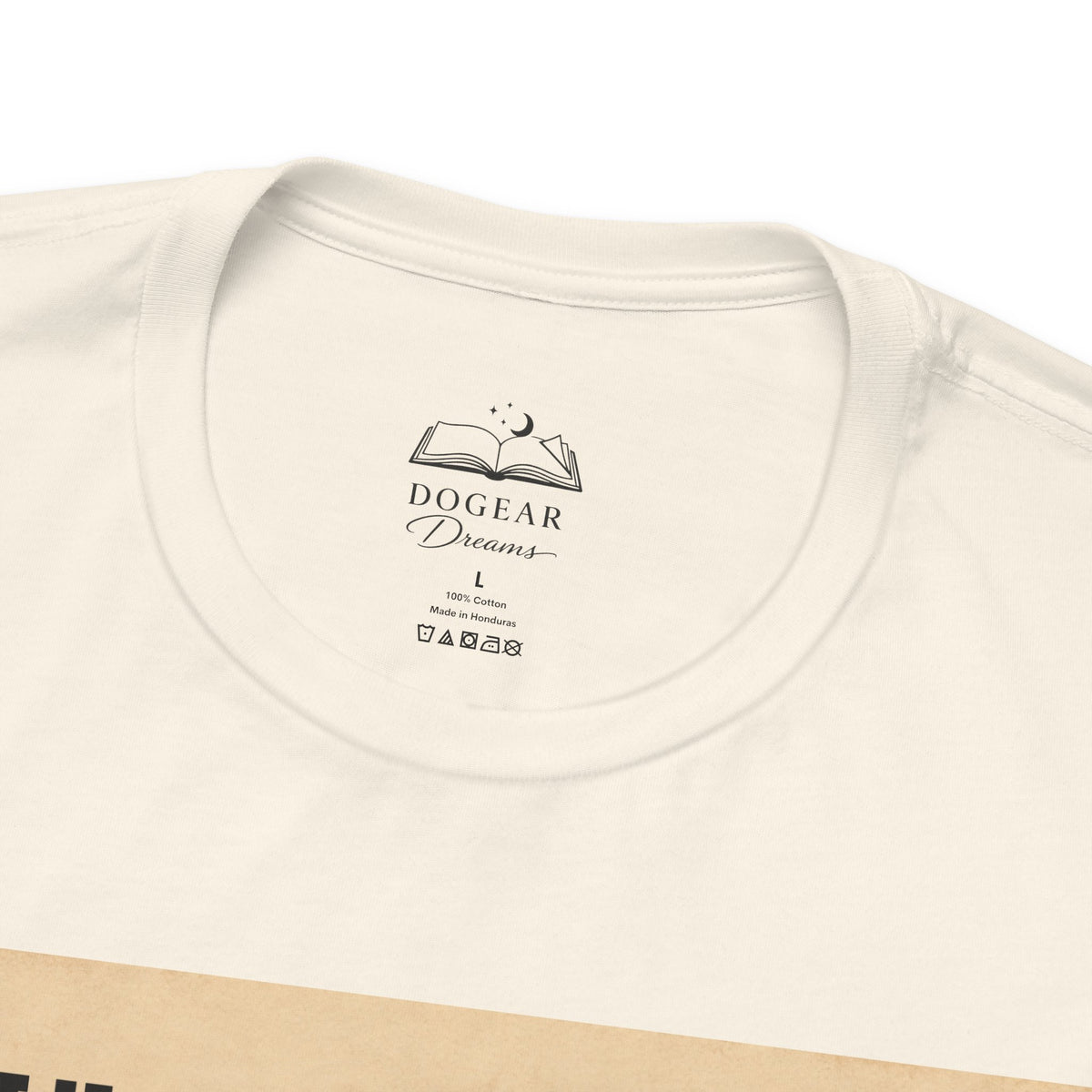 Close-up of a cream-colored cotton t-shirt collar showing the black printed &