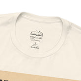 Close-up of a cream-colored cotton t-shirt collar showing the black printed &