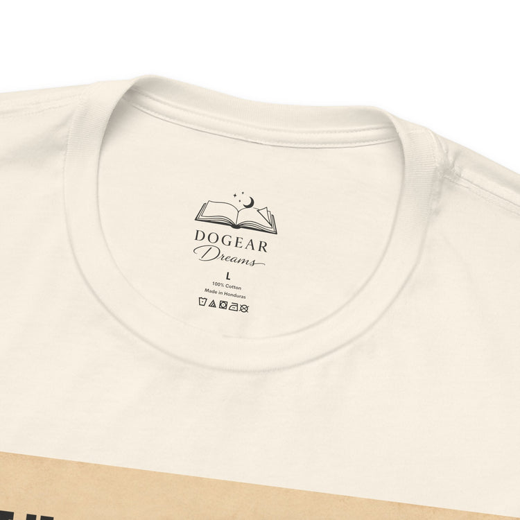 Close-up of a cream-colored cotton t-shirt collar showing the black printed &