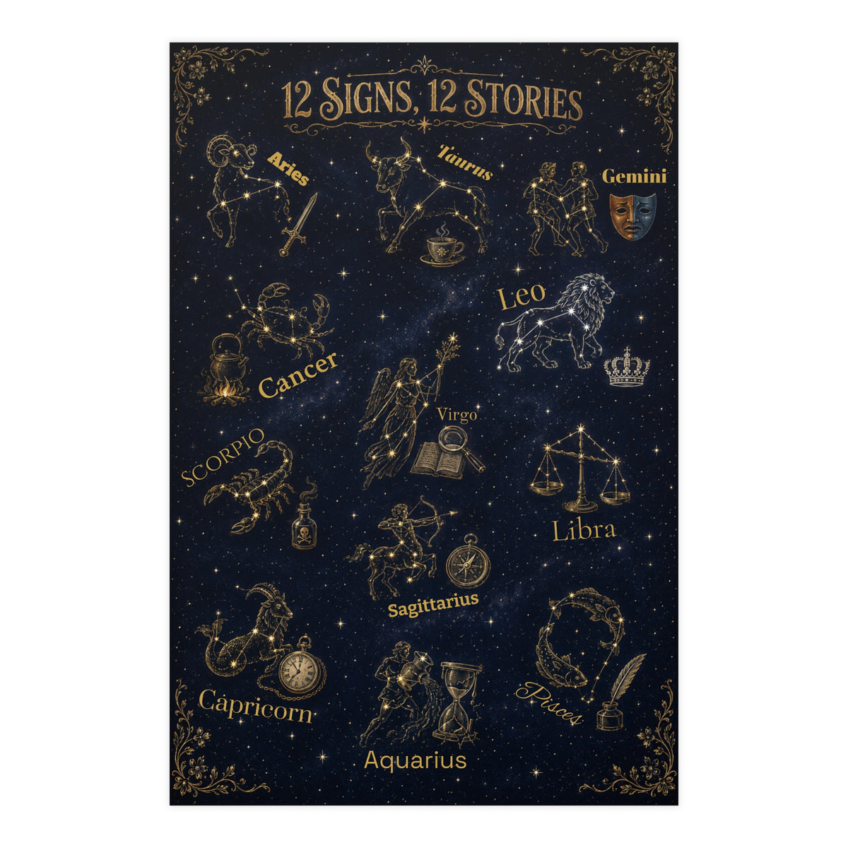 12 Signs, 12 Stories Zodiac Poster | Bookish Astrology Wall Art | Dogear Dreams - Dogear Dreams