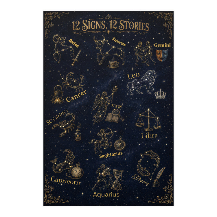 12 Signs, 12 Stories Zodiac Poster | Bookish Astrology Wall Art | Dogear Dreams - Dogear Dreams