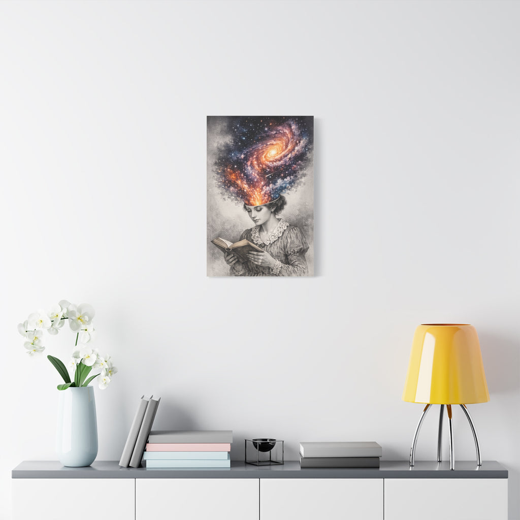 Canvas art of a vintage reader with a glowing galaxy and stars swirling from her mind above an open book.