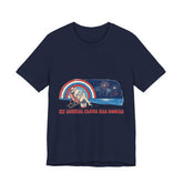 Navy t-shirt with a graphic design of a beach scene, rainbow, and text on a white background