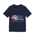 Navy t-shirt with a graphic design of a beach scene, rainbow, and text on a white background
