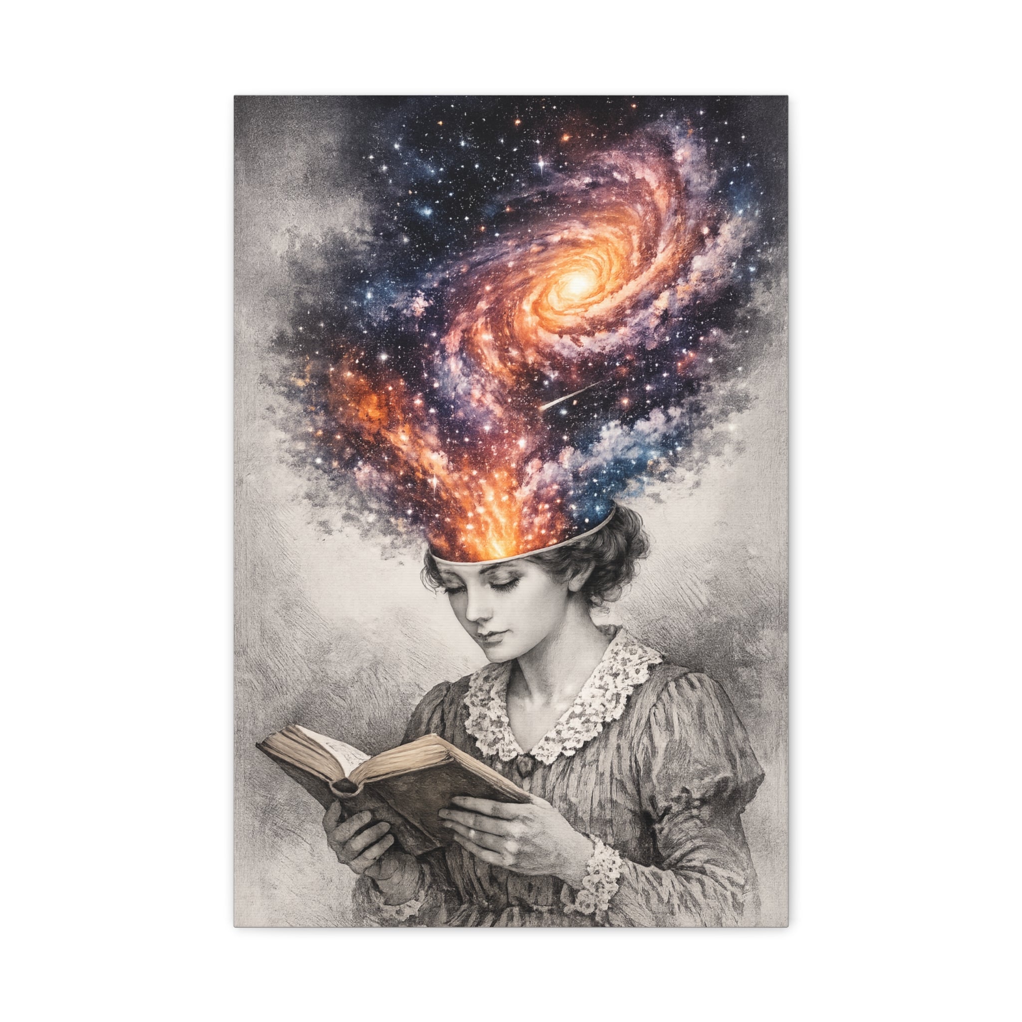 Canvas art of a vintage reader with a glowing galaxy and stars swirling from her mind above an open book.