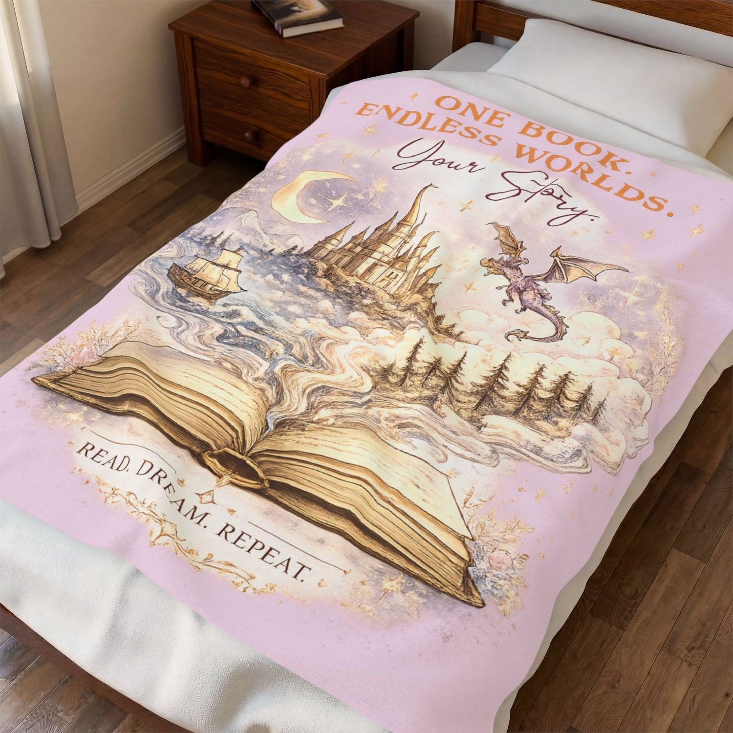 Velveteen Plush Blanket — "One Book, Endless Worlds" Fantasy Reading Throw - Dogear Dreams