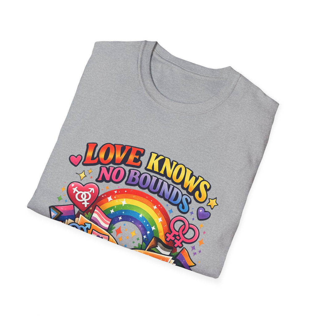 LGBTQ+ book lover tee with rainbow book, pride symbols, and "Love Knows No Bounds, Read With Pride" text.