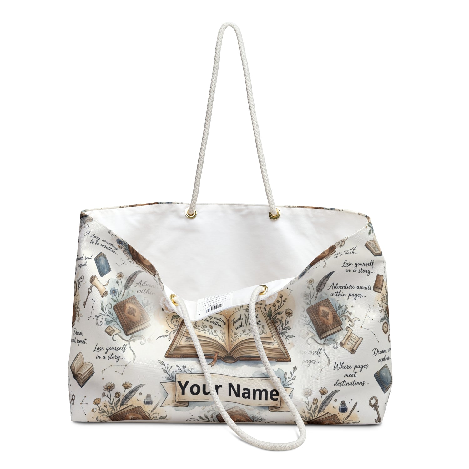 Tote bag with book-themed design and customizable text on a white background