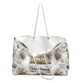 Tote bag with book-themed design and customizable text on a white background