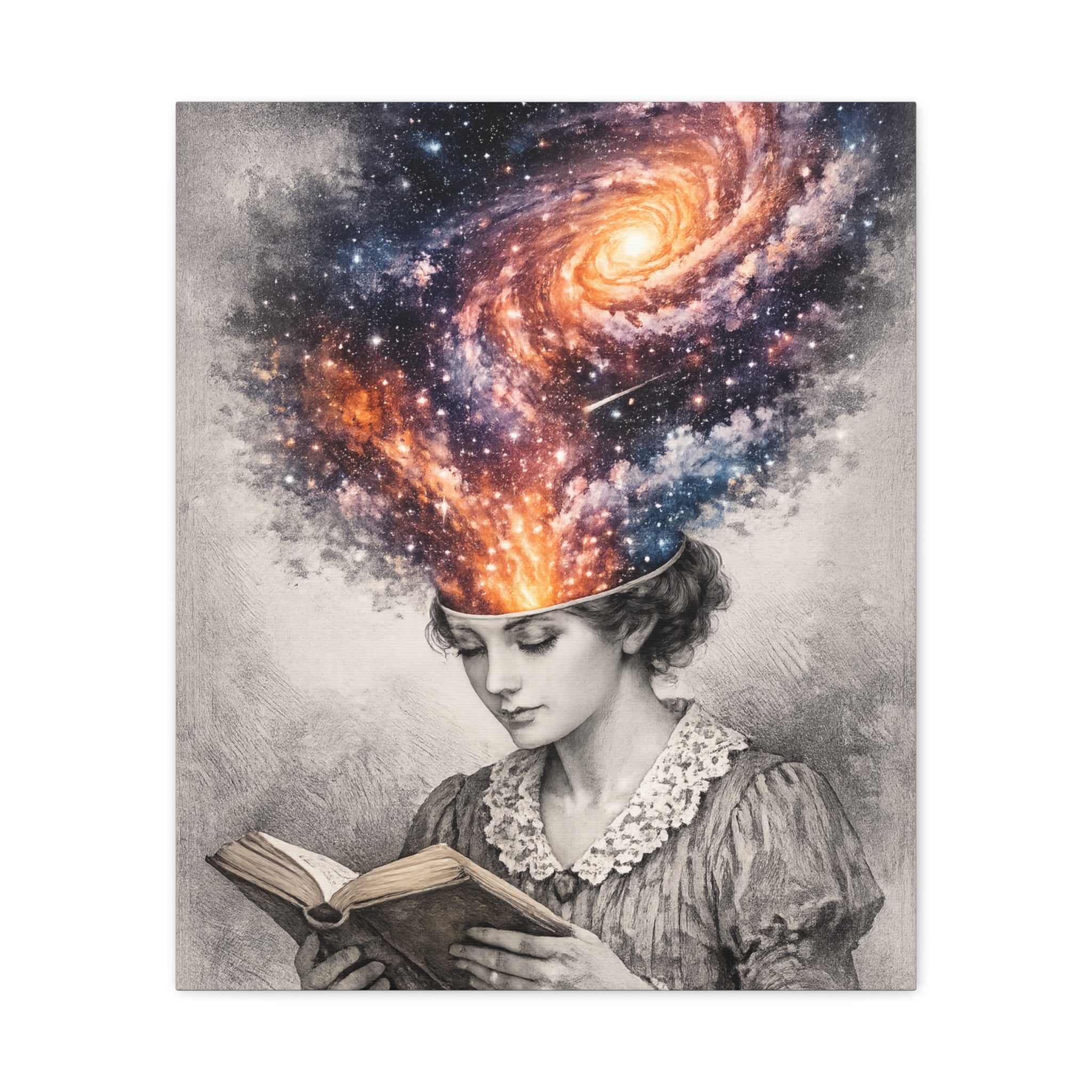 Canvas art of a vintage reader with a glowing galaxy and stars swirling from her mind above an open book.