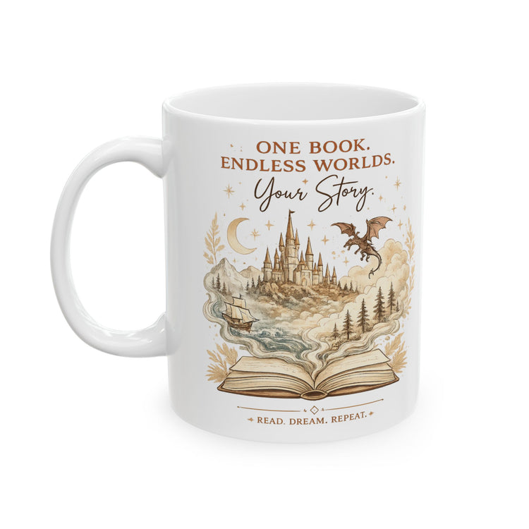 Fantasy Book Lover Mug | One Book Endless Worlds Coffee Mug for Readers - Dogear Dreams