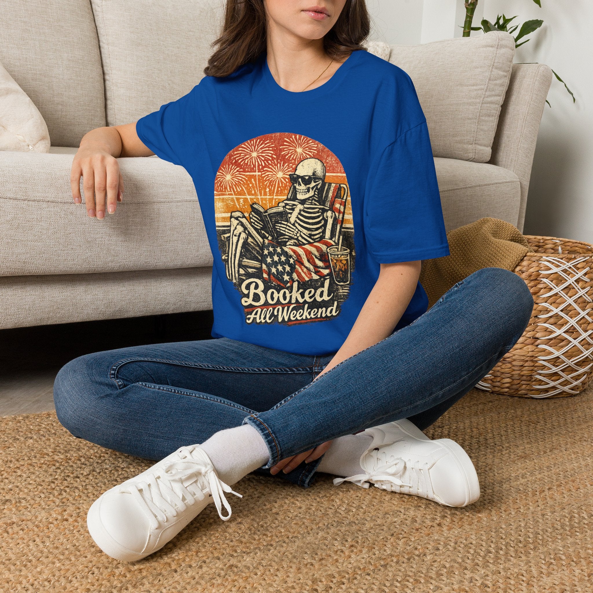 Booked All Weekend Skeleton Reader Shirt | Vintage Gothic 4th of July Tee | Patriotic Book Lover Skeleton T-Shirt