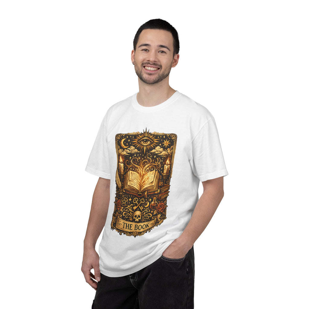 Man wearing a white t-shirt with a graphic design on a white background