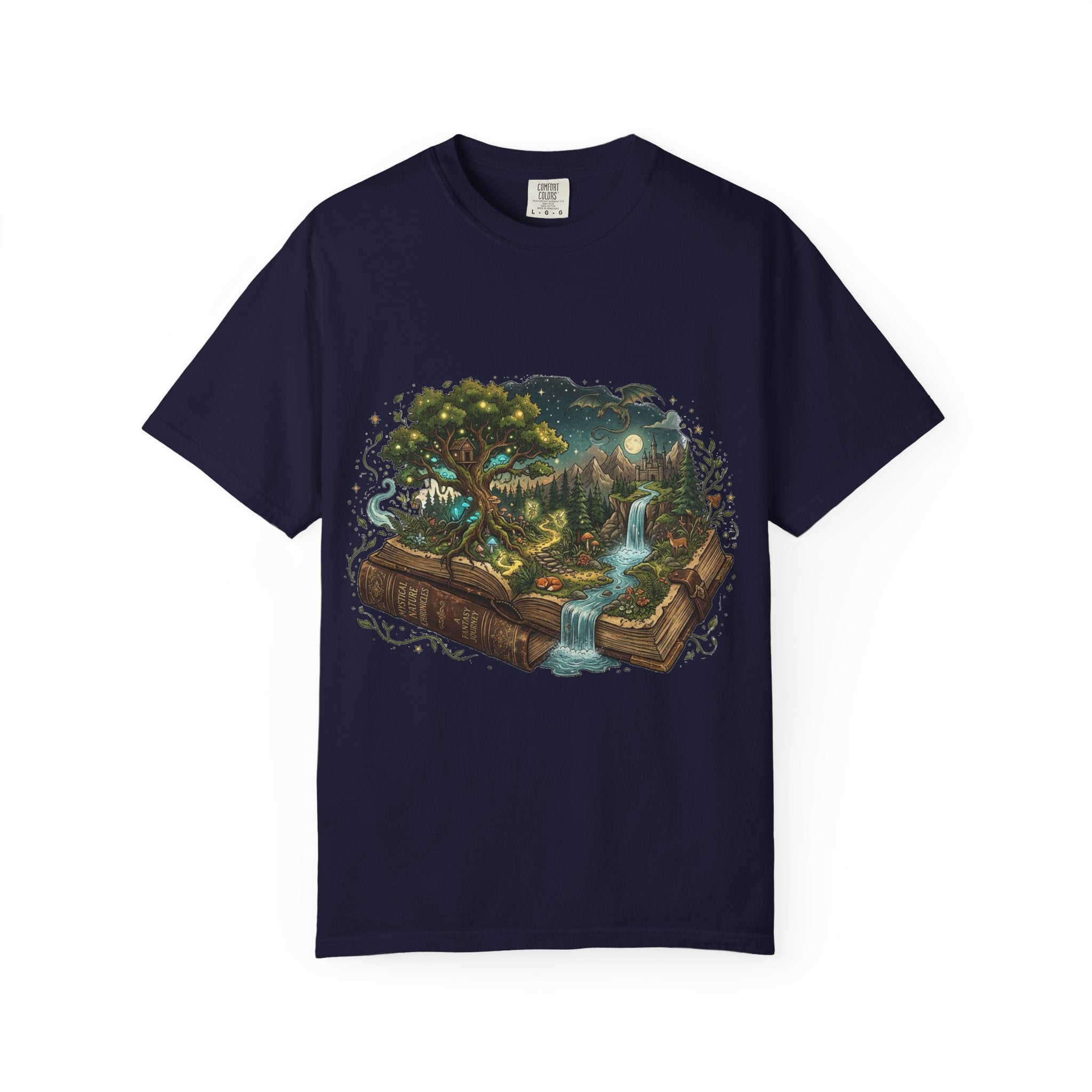 Fantasy book lover tee featuring an enchanted forest, waterfall, and castle emerging from an open book.