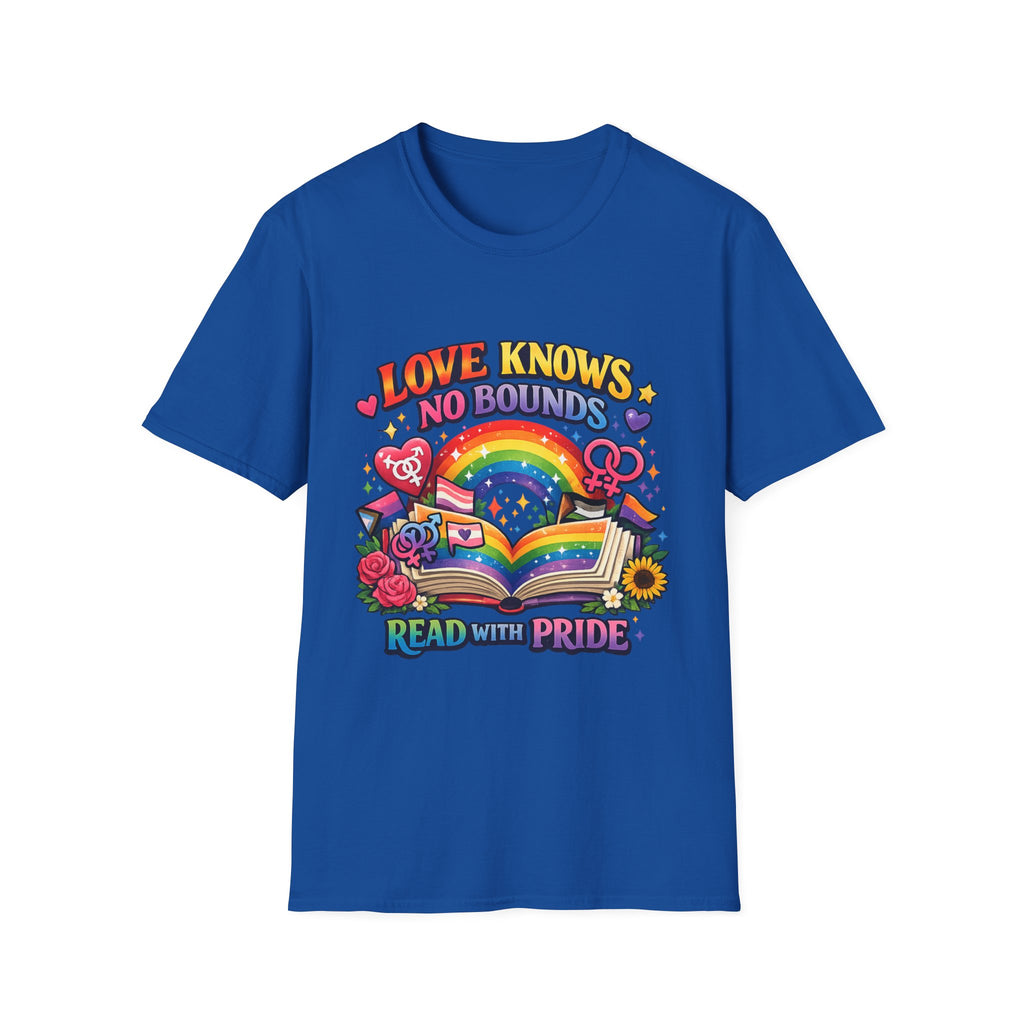 LGBTQ+ book lover tee with rainbow book, pride symbols, and "Love Knows No Bounds, Read With Pride" text.