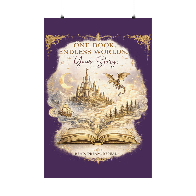 ✨ One Book. Endless Worlds. Your Story. | Fantasy Luxe Matte Poster - Dogear Dreams