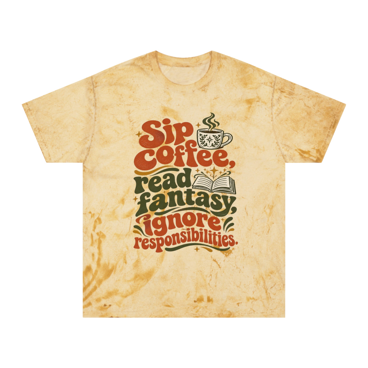 A short-sleeve crewneck t-shirt with a vintage, distressed tan and cream color scheme. The front features a retro-style graphic with the text &