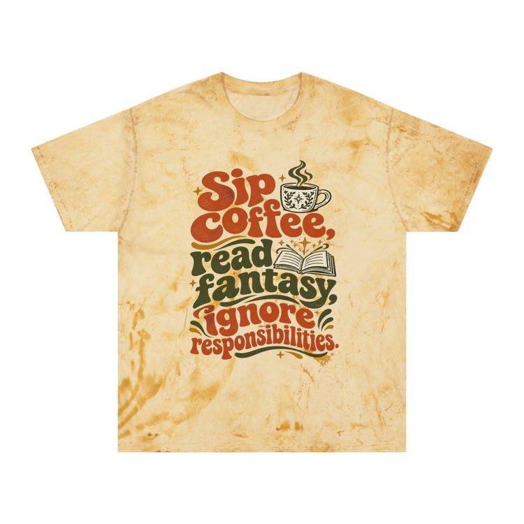 A short-sleeve crewneck t-shirt with a vintage, distressed tan and cream color scheme. The front features a retro-style graphic with the text &