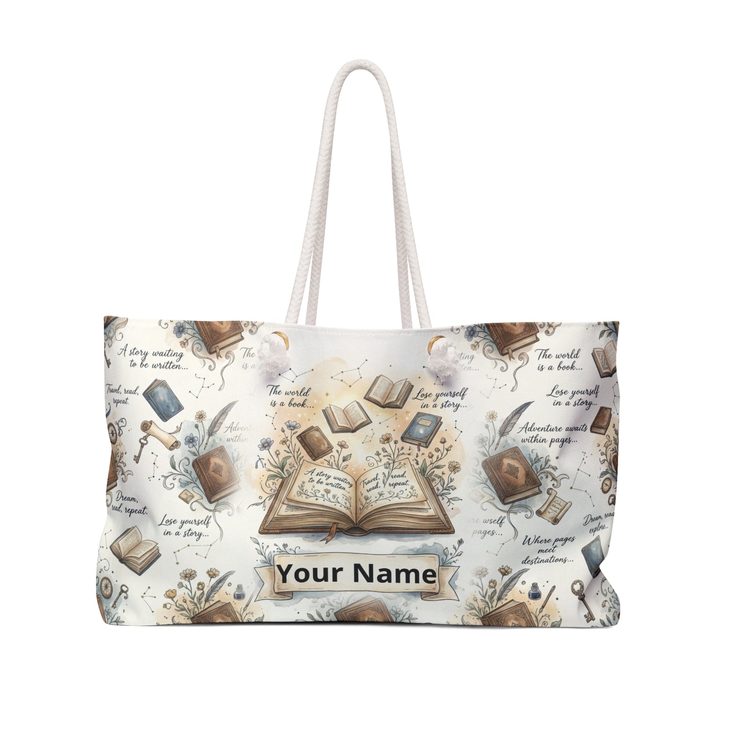 Tote bag with book-themed design and customizable text on a white background