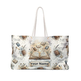 Tote bag with book-themed design and customizable text on a white background