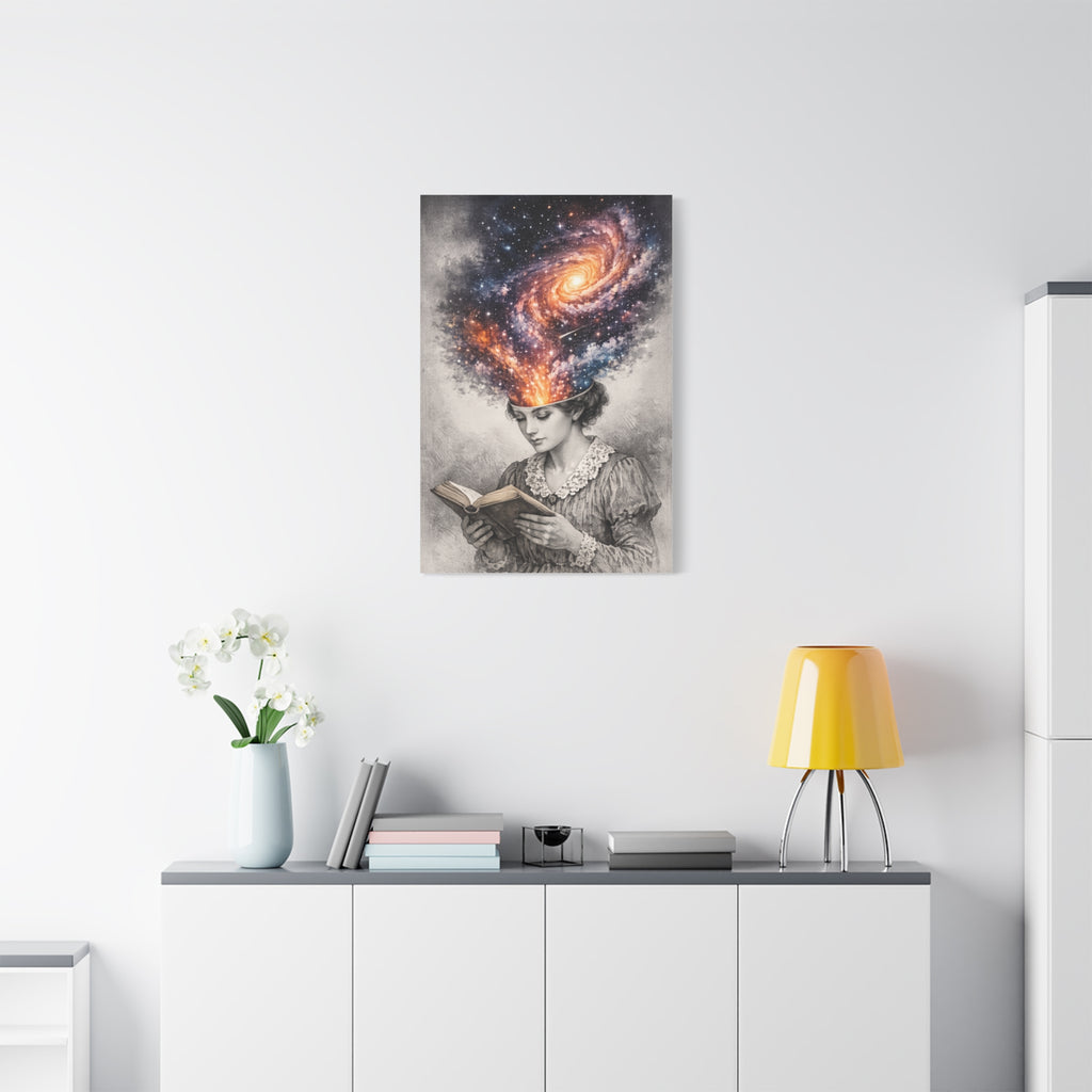 Canvas art of a vintage reader with a glowing galaxy and stars swirling from her mind above an open book.