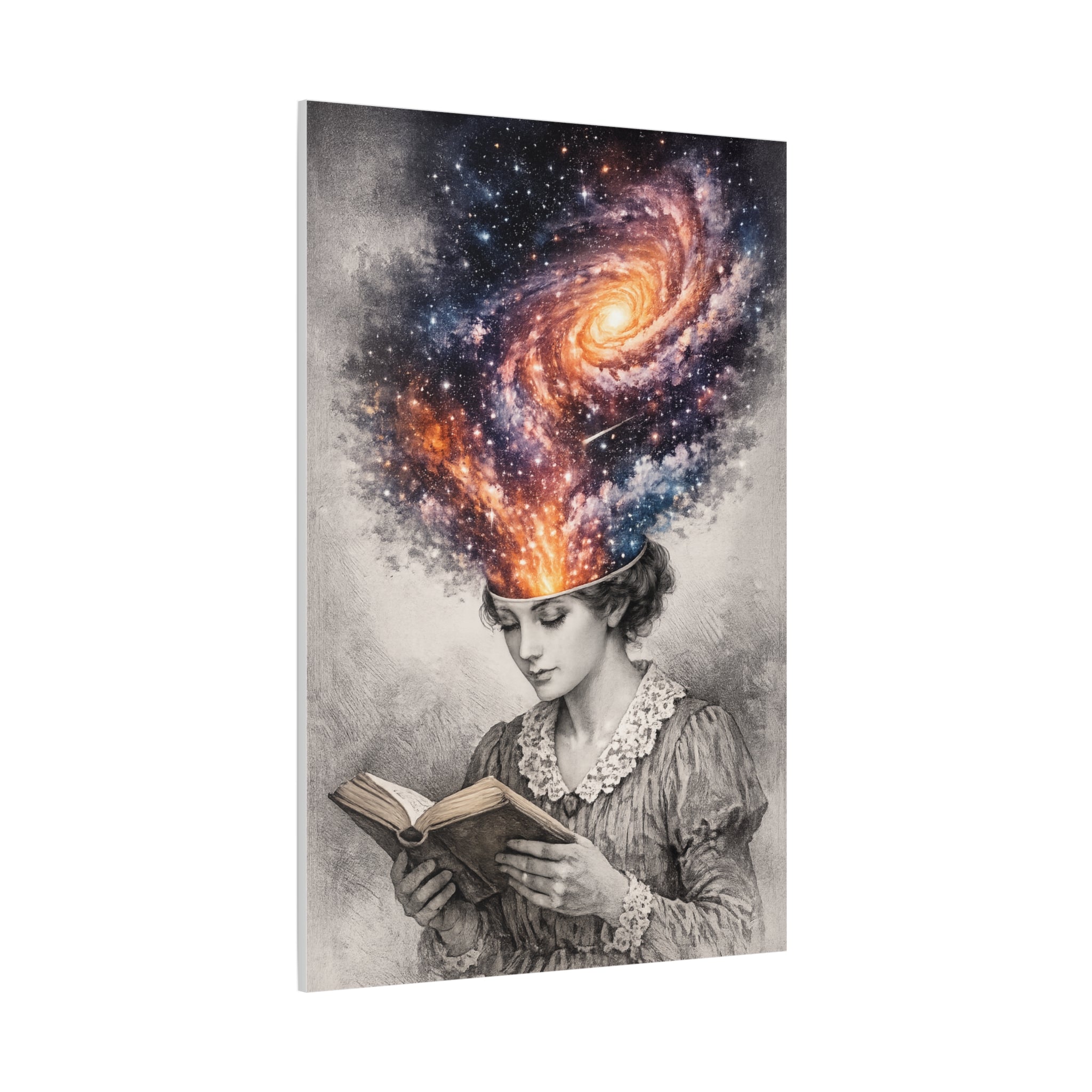 Canvas art of a vintage reader with a glowing galaxy and stars swirling from her mind above an open book.