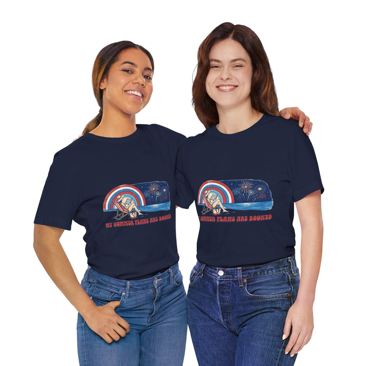 Two women wearing navy blue t-shirts with a graphic design on a white background