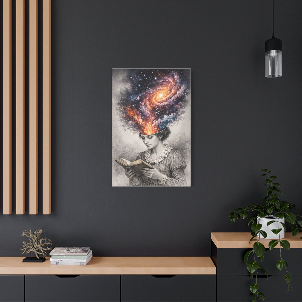 Canvas art of a vintage reader with a glowing galaxy and stars swirling from her mind above an open book.