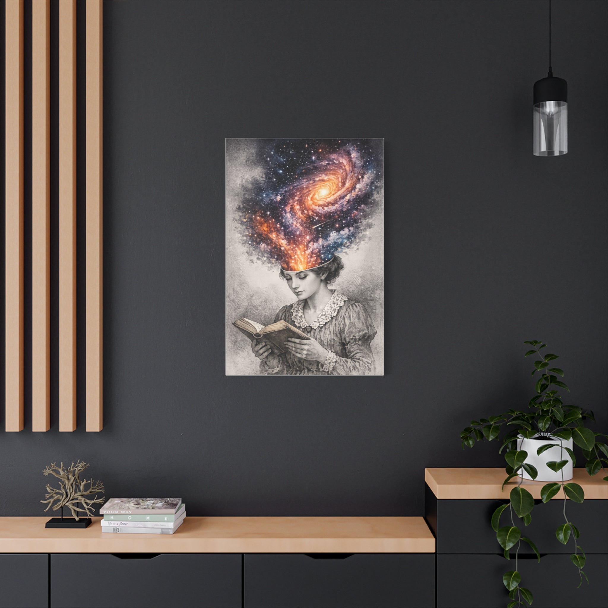 Canvas art of a vintage reader with a glowing galaxy and stars swirling from her mind above an open book.