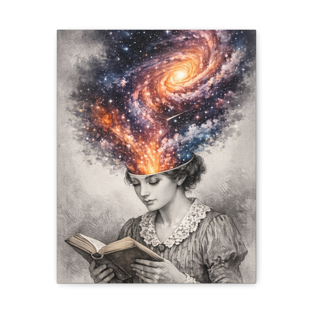 Canvas art of a vintage reader with a glowing galaxy and stars swirling from her mind above an open book.