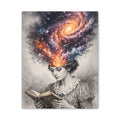 Canvas art of a vintage reader with a glowing galaxy and stars swirling from her mind above an open book.
