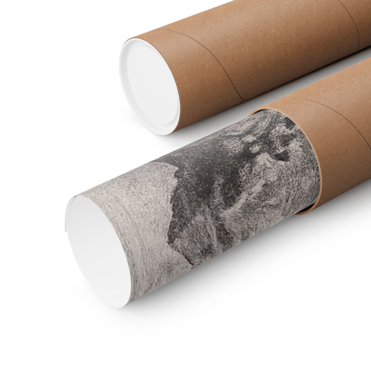Two brown kraft paper mailer tubes, one plain and one printed with a black and gray abstract landscape design, shown on a white background.