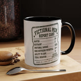A white ceramic coffee mug with a black interior and handle, printed with a vintage-style &