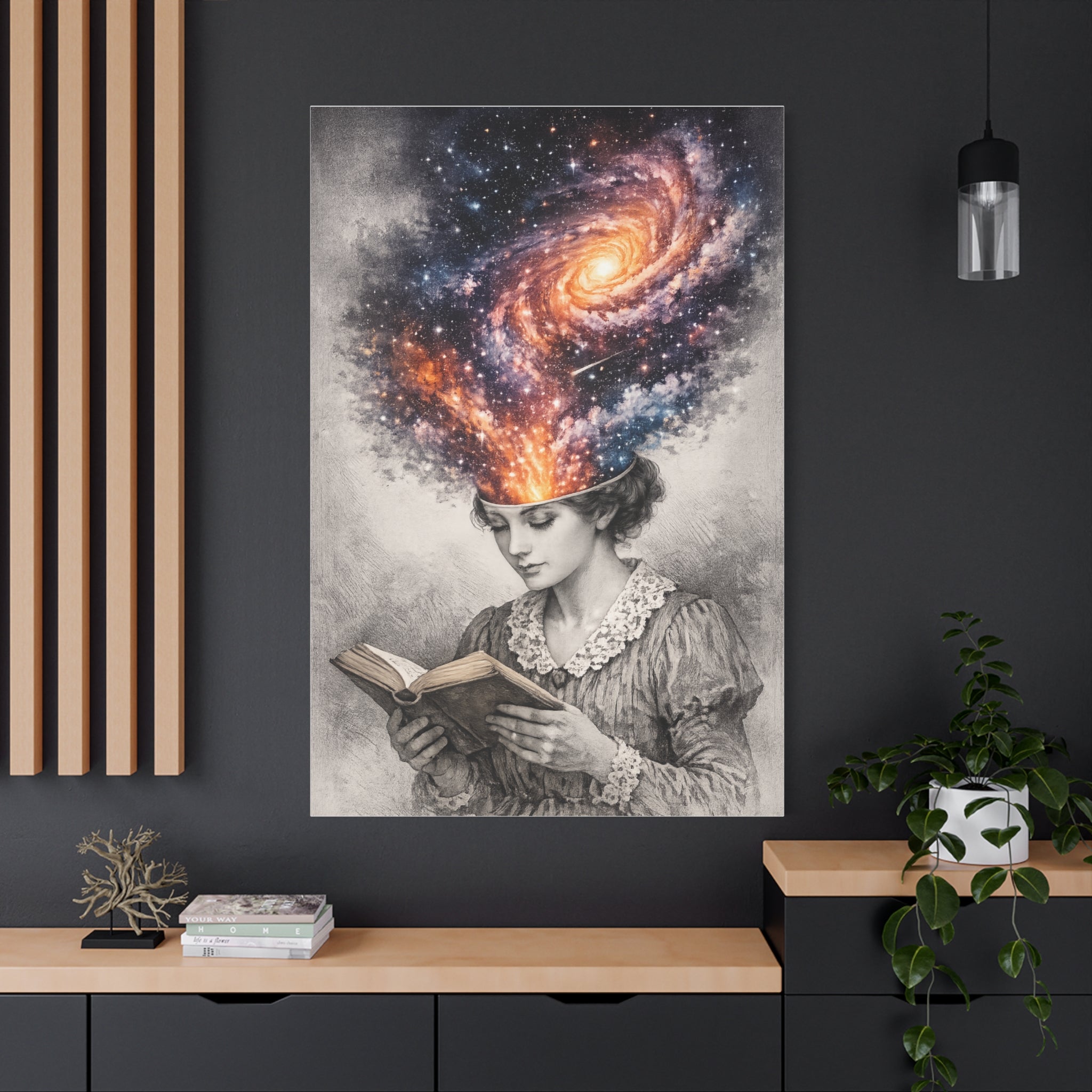 Canvas art of a vintage reader with a glowing galaxy and stars swirling from her mind above an open book.