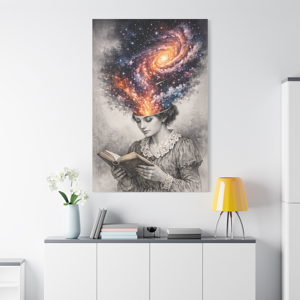 Canvas art of a vintage reader with a glowing galaxy and stars swirling from her mind above an open book.