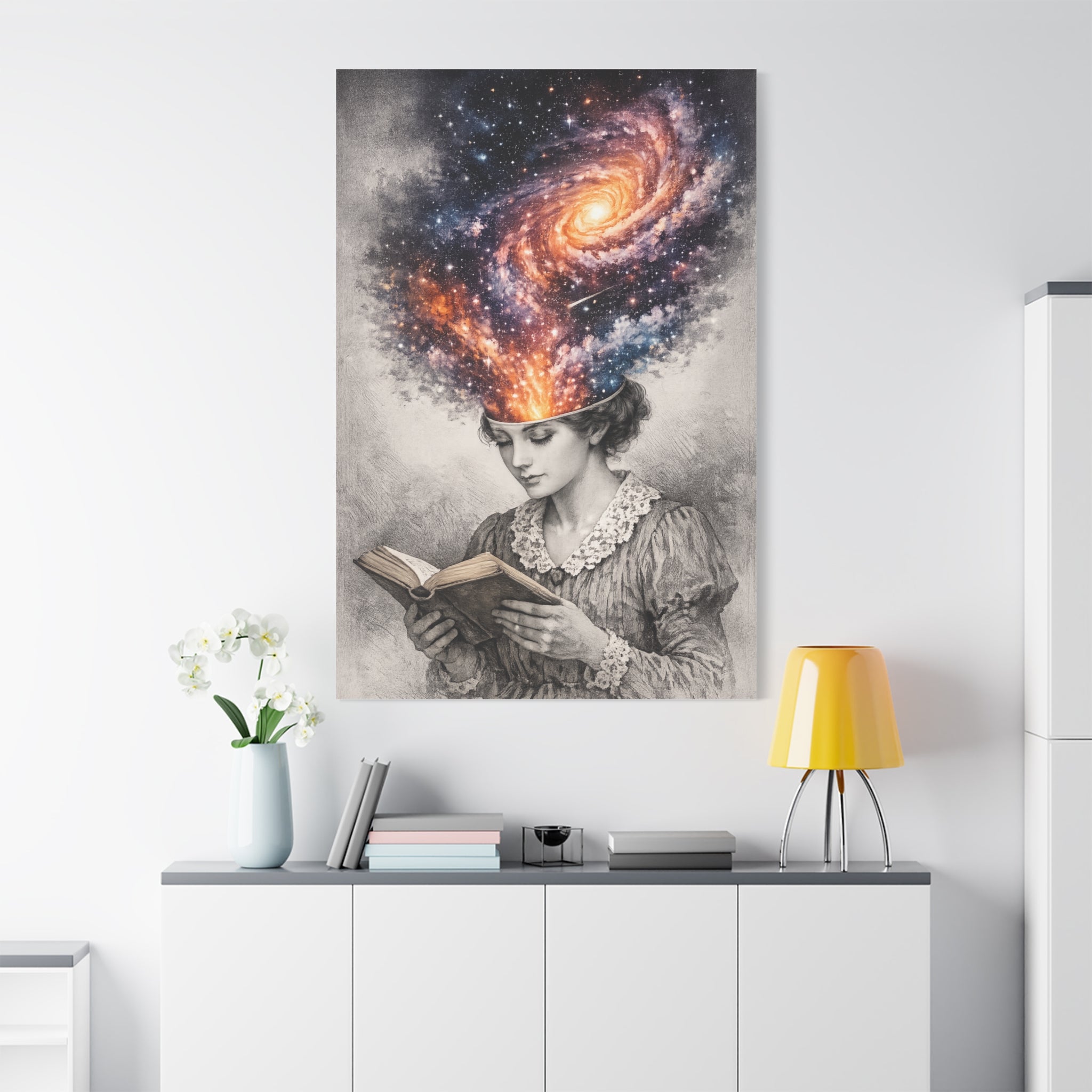Canvas art of a vintage reader with a glowing galaxy and stars swirling from her mind above an open book.