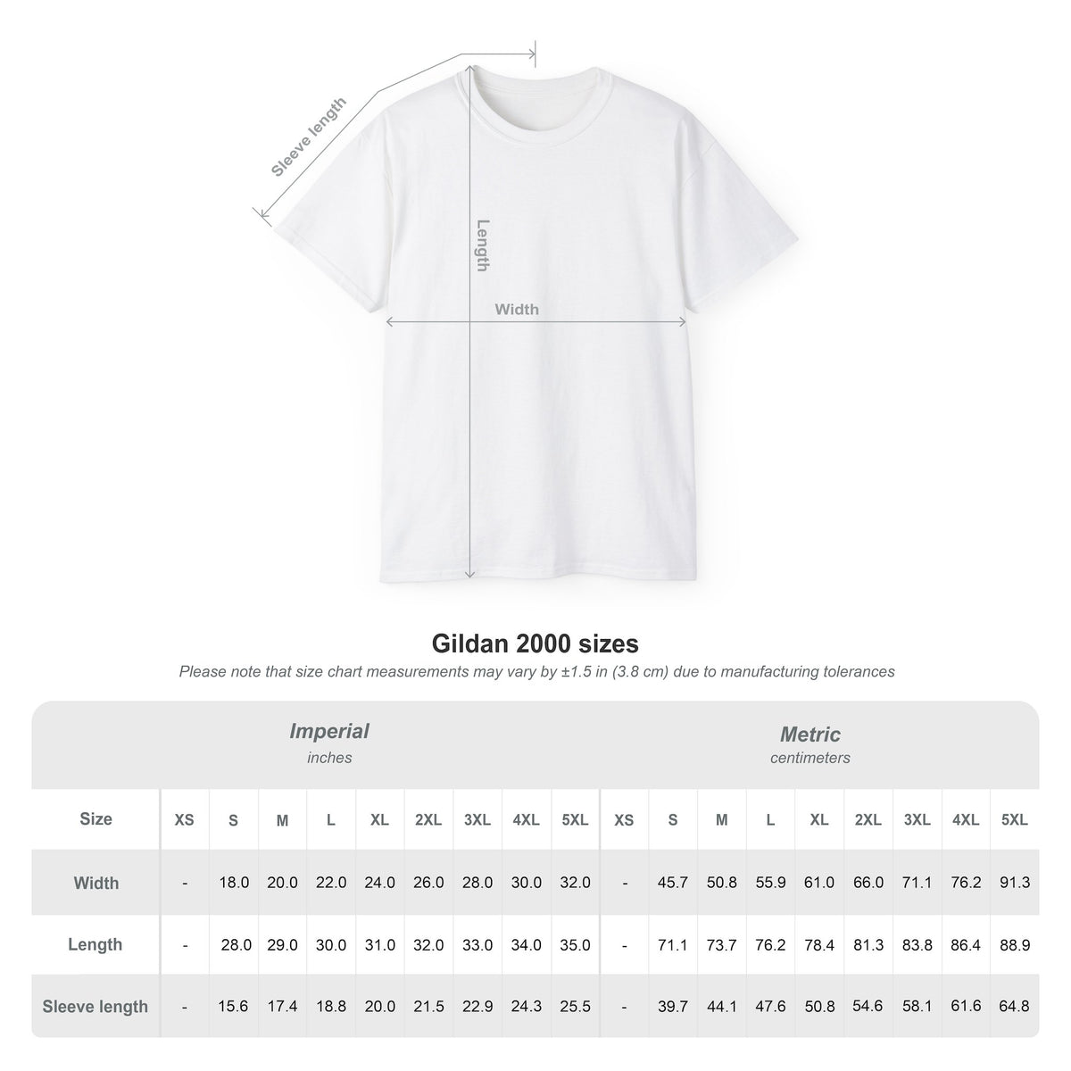 White t-shirt with measurement chart on a white background
