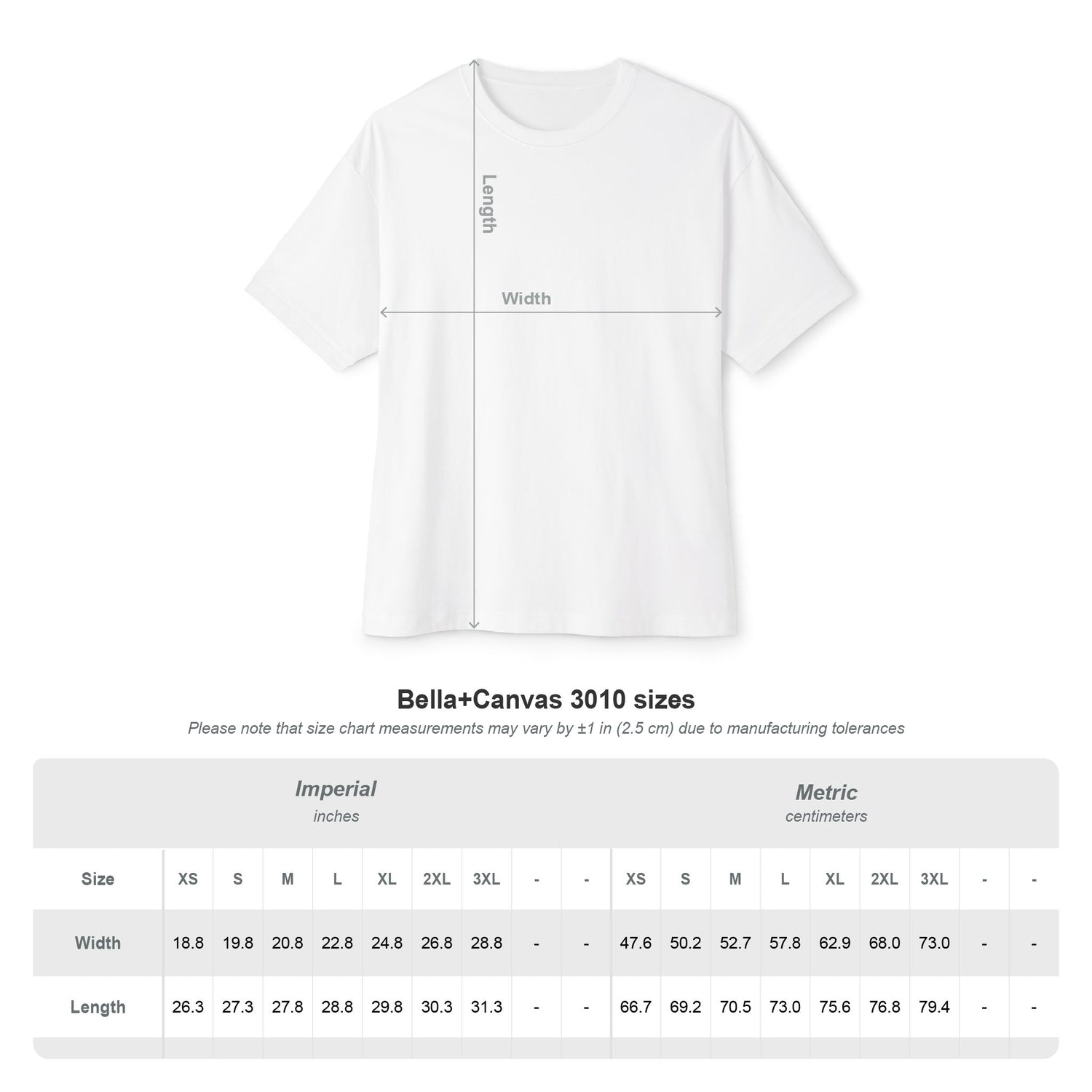 White t-shirt with measurement lines and Bella+Canvas size chart on a white background