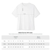 White t-shirt with measurement lines and Bella+Canvas size chart on a white background