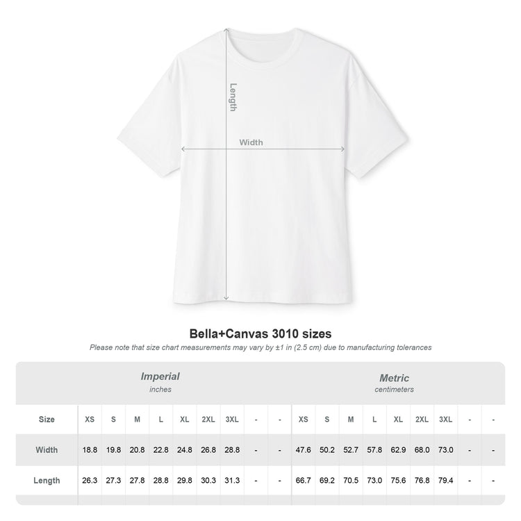 White t-shirt with measurement lines and Bella+Canvas size chart on a white background