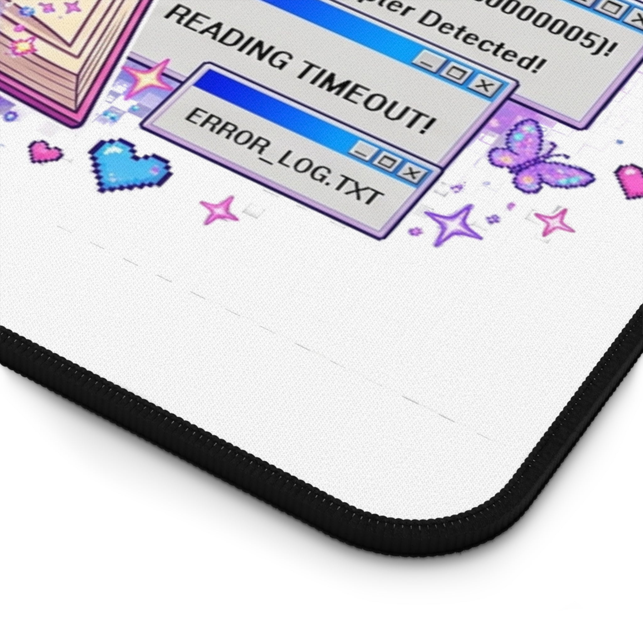 Sorry, I'm in Another Chapter Desk Mat, Cute Y2K Book Lover Mouse Pad with Retro Error Windows and Pastel Sparkles - Dogear Dreams