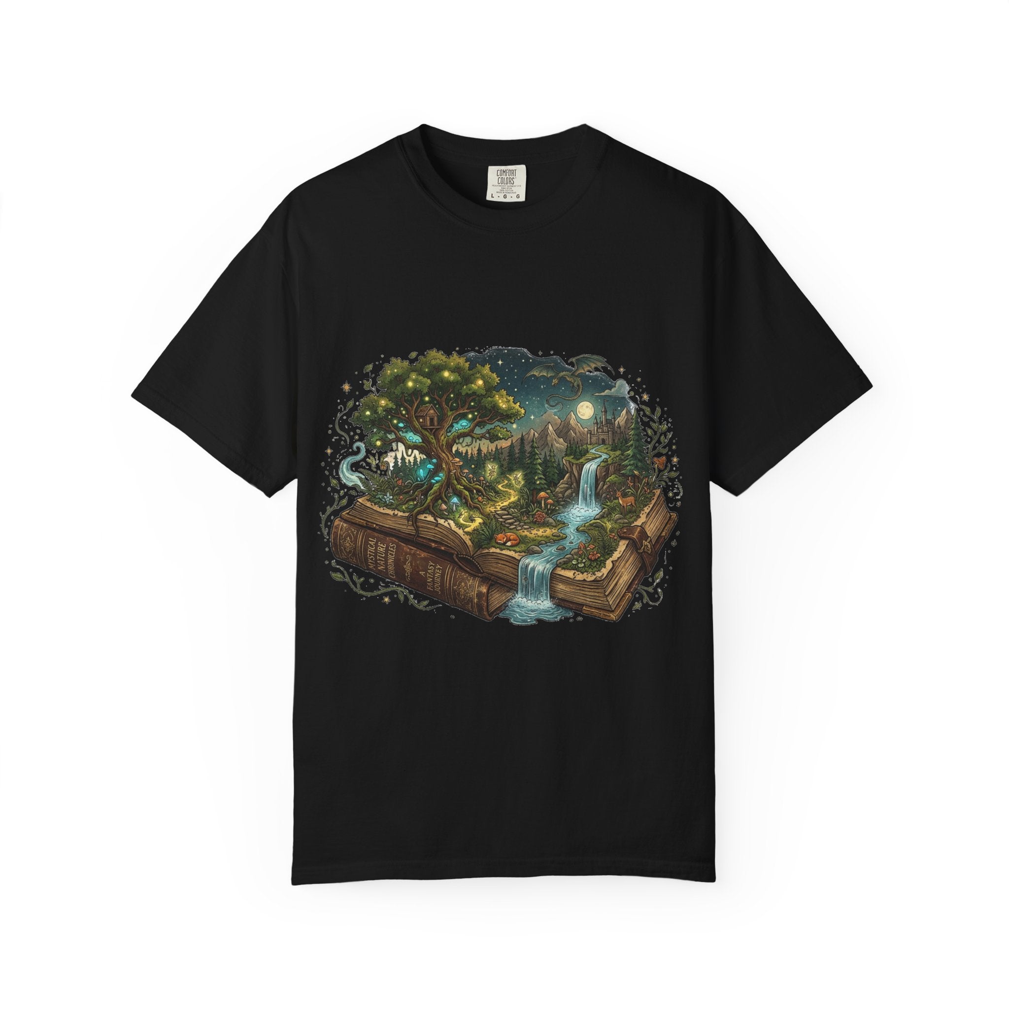 Fantasy book lover tee featuring an enchanted forest, waterfall, and castle emerging from an open book.