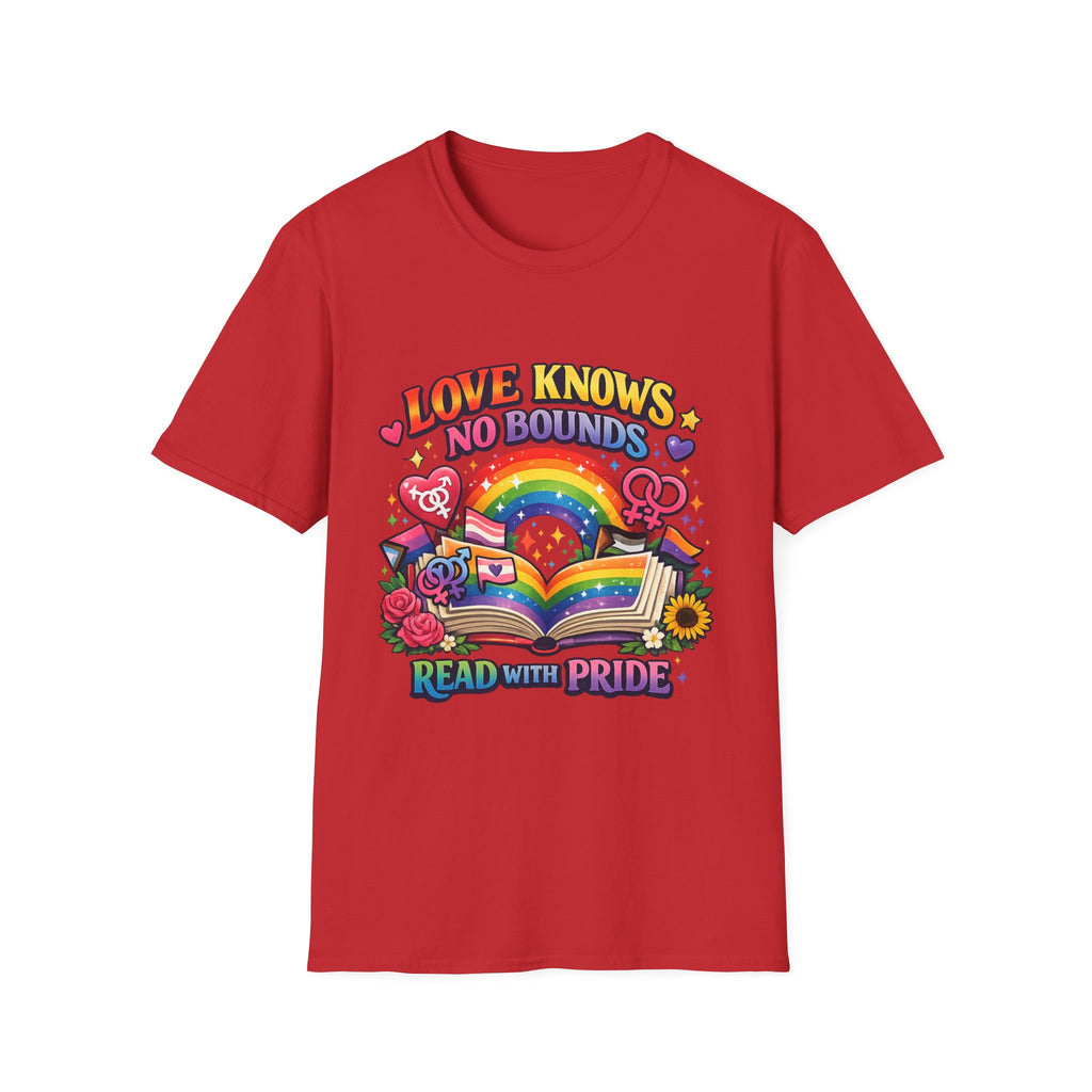 LGBTQ+ book lover tee with rainbow book, pride symbols, and "Love Knows No Bounds, Read With Pride" text.