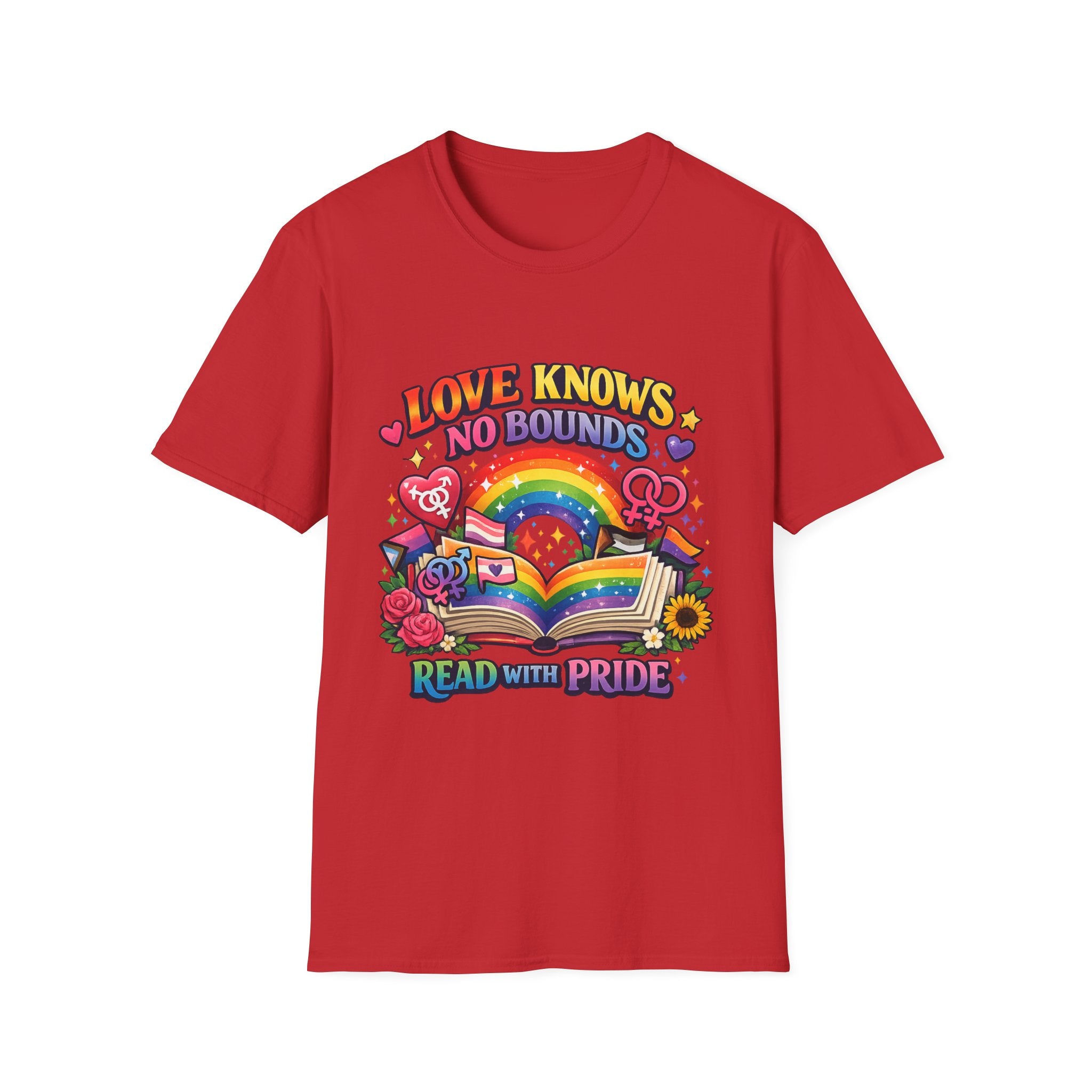 LGBTQ+ book lover tee with rainbow book, pride symbols, and "Love Knows No Bounds, Read With Pride" text.