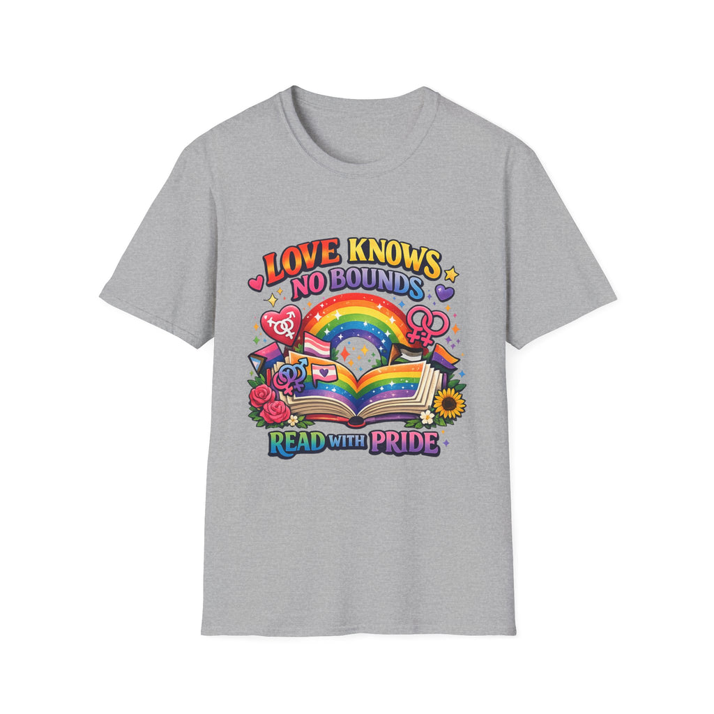 LGBTQ+ book lover tee with rainbow book, pride symbols, and "Love Knows No Bounds, Read With Pride" text.