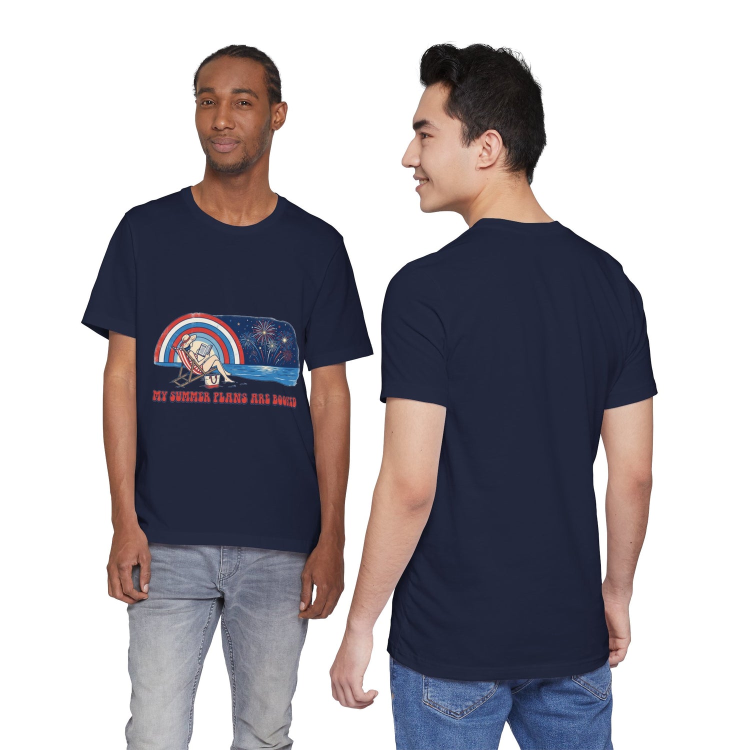 Navy blue t-shirt with graphic design on front, worn by two models.