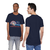 Navy blue t-shirt with graphic design on front, worn by two models.